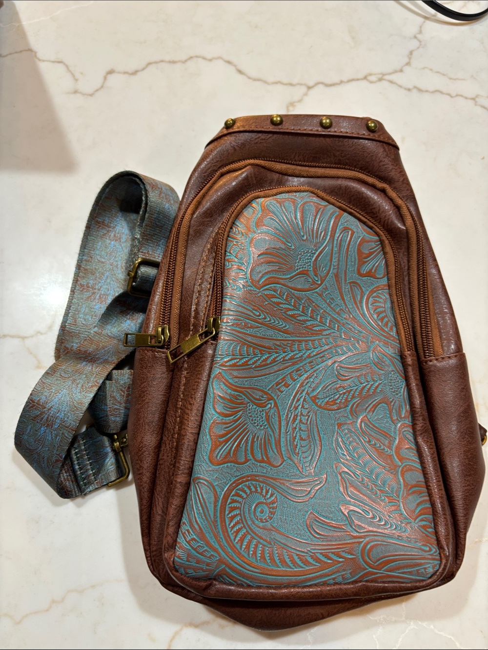 Stylish Brown Leather Crossbody Sling Bag with Teal Floral Panel